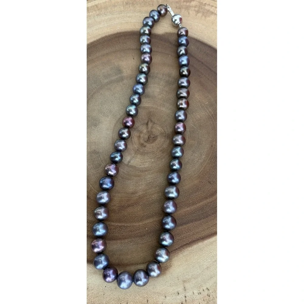 Genuine Peacock Tahitian Cultured Pearl Necklace with Sterling Silver Clasp - Picture 16 of 16